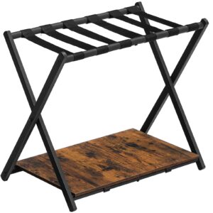 hoobro folding luggage rack, suitcase stand holder with wooden storage shelf, holds up to 110 lb, 27.2 x 15.7 x 24 inches, for guest room, bedroom, closet, hotel, rustic brown and black bf68xl01g1