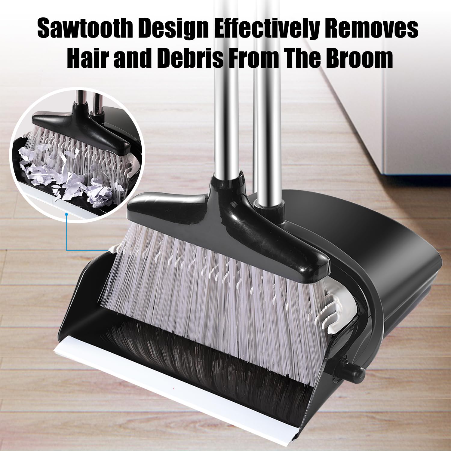 Broom and Dustpan Set with Long Handle, Windproof Stand Up Dustpan with Broom Combo for Home Kitchen Room Office Lobby Floor Use (Black&Grey, 45.3IN)