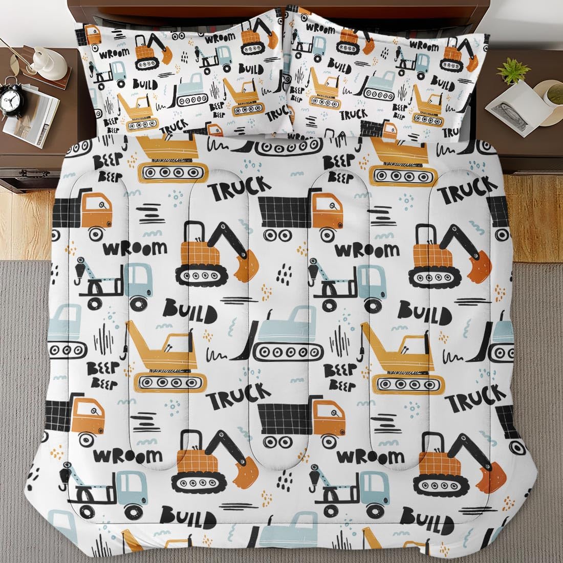 Nesphy Boys Construction Comforter Set for Kids Teens Queen, Hand Drawn Car Excavator Truck Bedding Sets Water Washed Microfiber Bedding with 1 Comforter 2 Pillowcases All Season