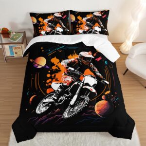 HOSIMA Dirt Bike Bedding Set Twin Size for Boys Teens,Galaxy and Orange Ink Background Motocross Comforter 3 Pieces,Extreme Sports Theme Black Comforter Set Twin with 2 Pillowcases.