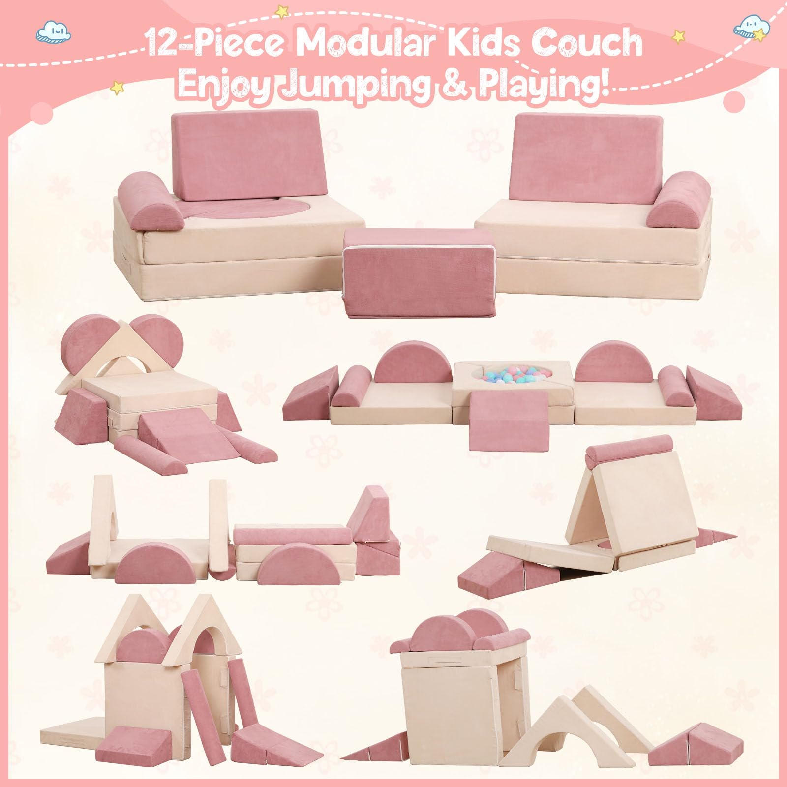 HAHASOLE Kids Couch, 12PCS Modular Kids Play Couch, Toddler Couch for Playroom, Convertible Kids Foam Climbing Play Set, Imaginative Creative Play Sofa for Boys & Girls, Play Couch for Toddlers