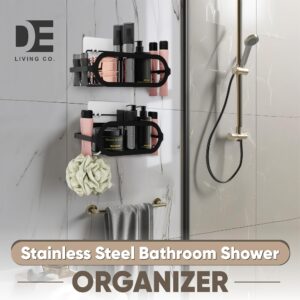 D&E Living Co. Modern Shower Shelf Adhesive Bathroom Shower Organizer Stainless Steel Shower Caddy Adhesive, Elegant Rust-Proof Shower Rack, No Drilling Shower Storage, Shower Wall Organizer- Black