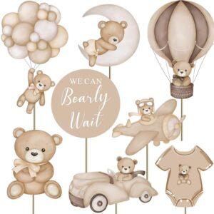 Zliisang 16Pcs Bear Baby Shower Centerpieces for Cake Table Decorations We Can Bearly Wait Baby Shower Decorations for Boy Bear Cake Toppers Bearly Wait Baby Shower Party Decorations