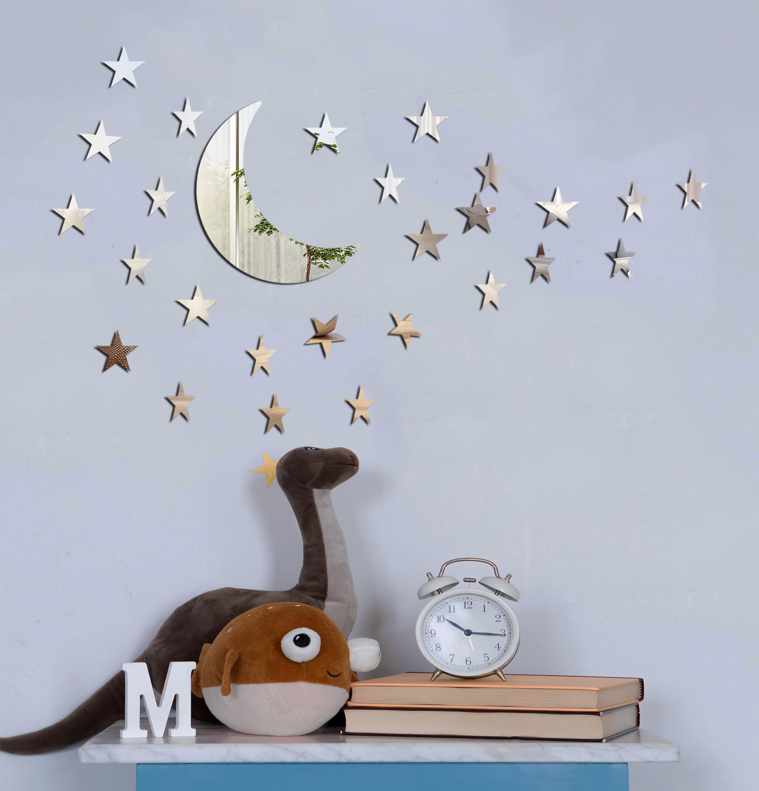 Stars Moon Acrylic Mirror Wall Stickers 3 Sizes Stars Stickers with Adhesive Art Decal 3D Wall Decorations for Baby Kids Bedroom Home DIY Decor