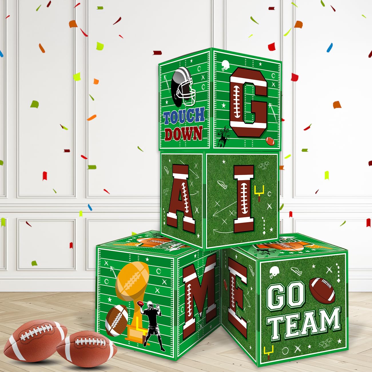 Football Party Decorations 4PCS Football Balloon Boxes with GAME and TIME Letters for Football Birthday Party Football Gameday Tailgate Party Supplies