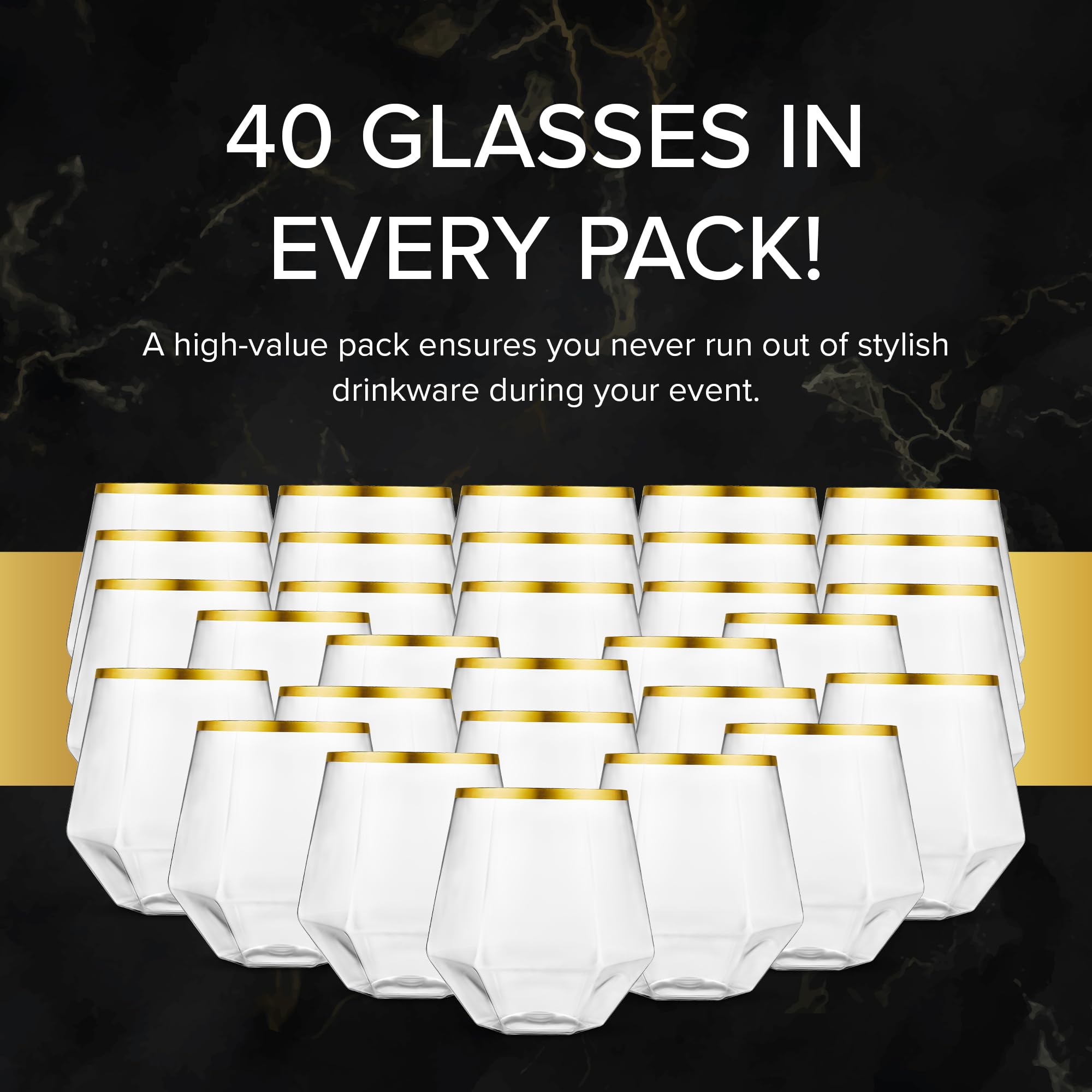 40 Pack Diamond Wine Glasses 12 oz - Elegant & Unbreakable Plastic Cocktail Glasses for Indoor and Outdoor Fancy Occasions - Premium Plastic Stemless Disposable Wine Glasses with Diamond Shape