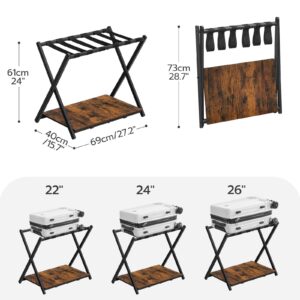 HOOBRO Folding Luggage Rack, Suitcase Stand Holder with Wooden Storage Shelf, Holds up to 110 lb, 27.2 x 15.7 x 24 Inches, for Guest Room, Bedroom, Closet, Hotel, Rustic Brown and Black BF68XL01G1