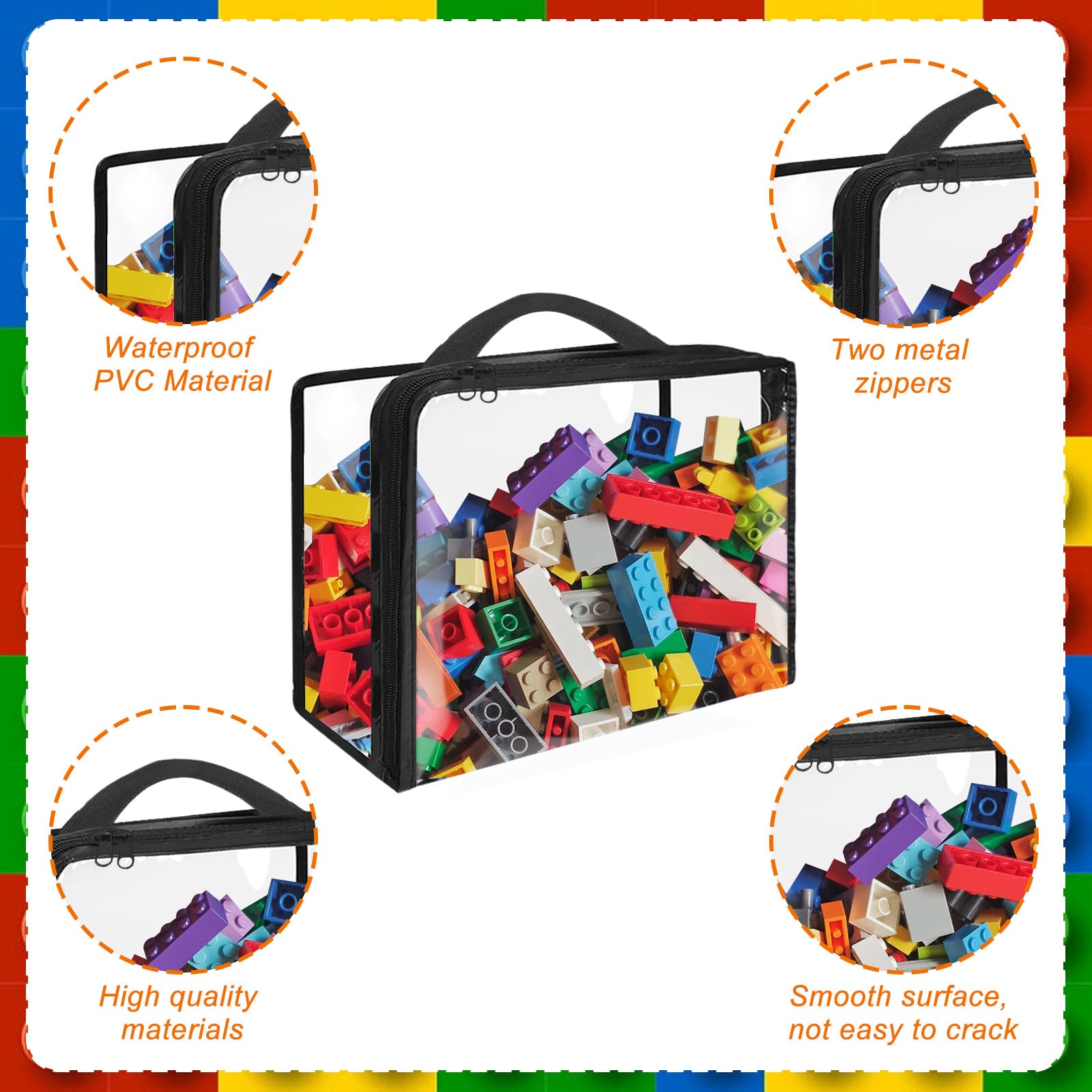 Hlimior 6 Pack Extra Large Toy Storage Bags PVC Organizing Bags with Zippered, Toy Storage Organizer with Portable Handheld，Waterproof Toy Bags for Board Games Clay, Building Blocks, Toys，Books