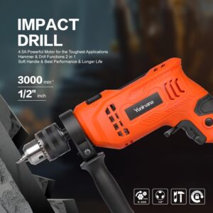 Yunirvana 4.5A Corded Hammer Drill,4.5A Corded Drill Impact Drill 0-3000RPM Electric Drill with 5 Drill Bit Set,Hammer and Drill Functions, 360°Rotating Handle