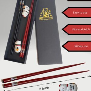 YAYA Oriental Kawaii Cat Chopstick Rest anad Holder Lucky Cat Gift Set 2 Pairs Chopsticks Cute Japanese Cat Holders Resuable Chopsticks