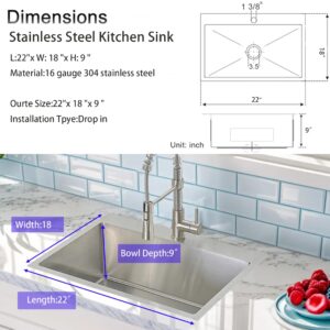 VCCUCINE 22x18 Inch Drop in Kitchen Sink,16 Gauge Topmount RV Small Kitchen Bar Sink, Handmade Stainless Steel Wet Bar Sink, Outdoor Single Bowl, Brushed Nickel Prep Sink with Strainer