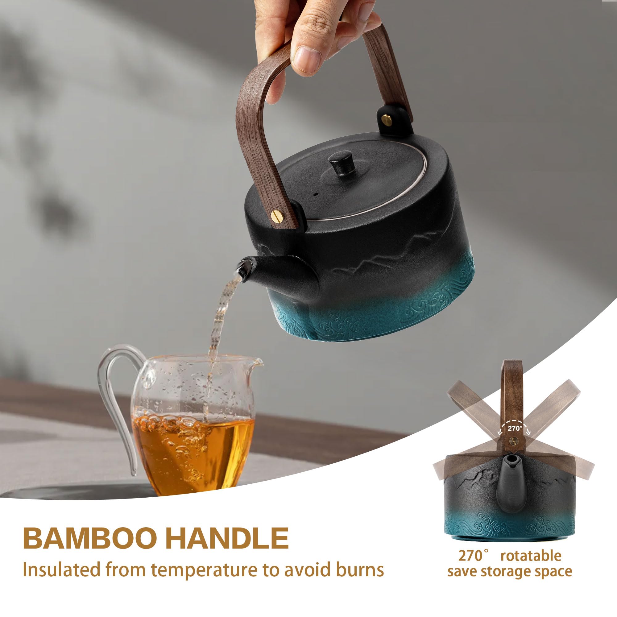 suyika Ceramic Teapot with Bamboo handle Removable Infuser for Flower and Loose Tea, 750ml/25.3oz Black Green