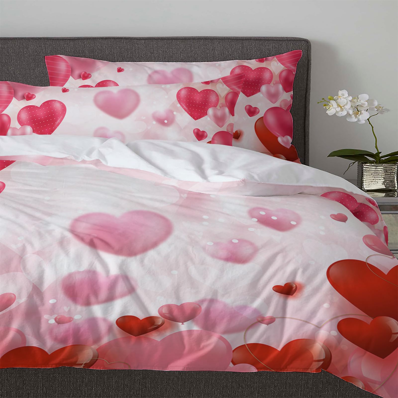 Valentine Comforter Sets California King Size Red Pink Love Heart Soft Bedding Duvet Cover Sets 3 Pieces Balloon Romantic Bedding Set with Comforter Cover and 2 Pillow Cases Bedroom Valentines Decor