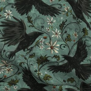 Spoonflower Fabric - Gothic Ravens Autumn Floral Halloween Bohemian Magic Dark Moody Corvid Printed on Denim Fabric by The Yard - Bottomweight Apparel Home Decor Upholstery