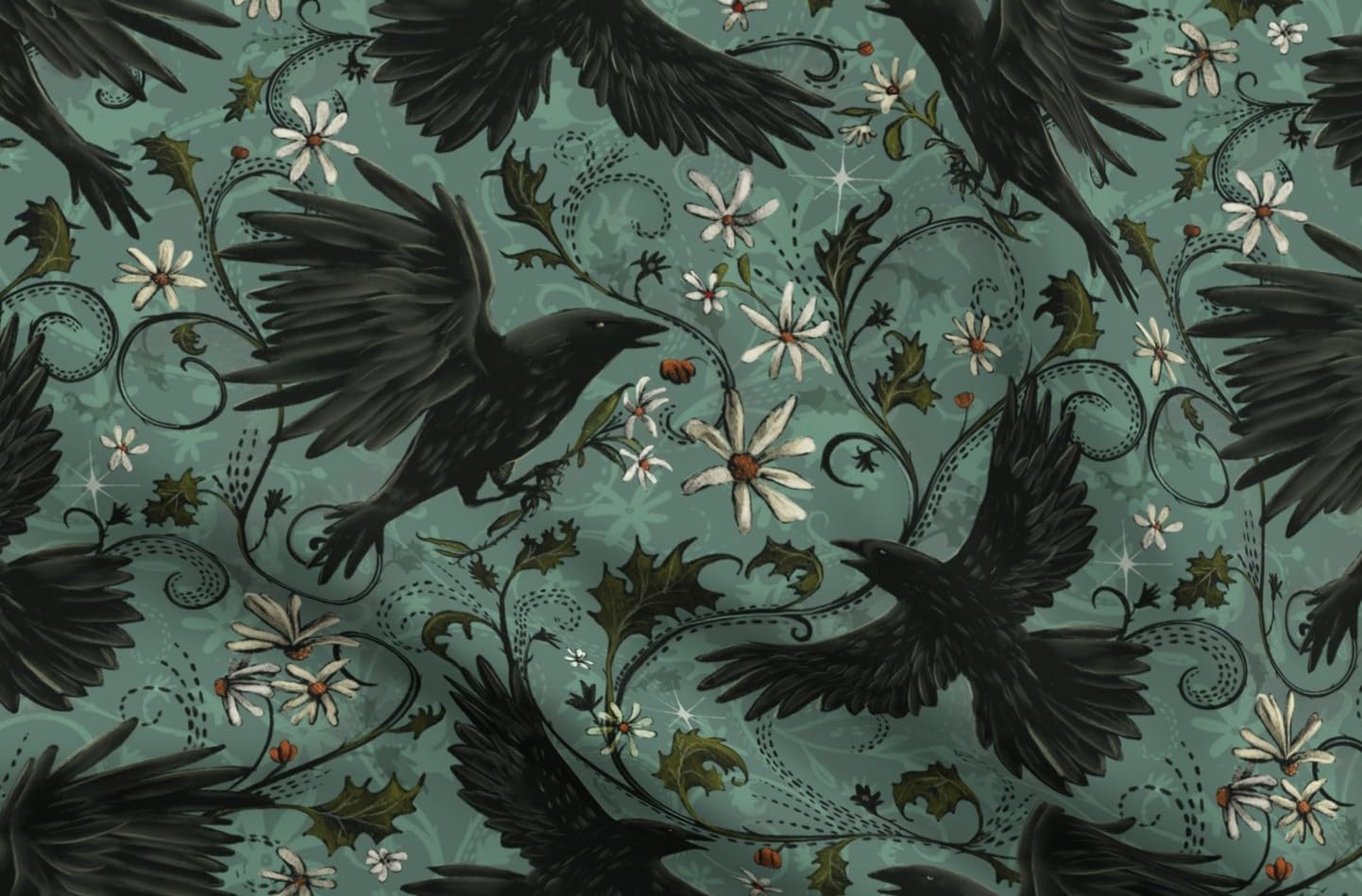 Spoonflower Fabric - Gothic Ravens Autumn Floral Halloween Bohemian Magic Dark Moody Corvid Printed on Denim Fabric by The Yard - Bottomweight Apparel Home Decor Upholstery