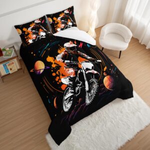 HOSIMA Dirt Bike Bedding Set Twin Size for Boys Teens,Galaxy and Orange Ink Background Motocross Comforter 3 Pieces,Extreme Sports Theme Black Comforter Set Twin with 2 Pillowcases.