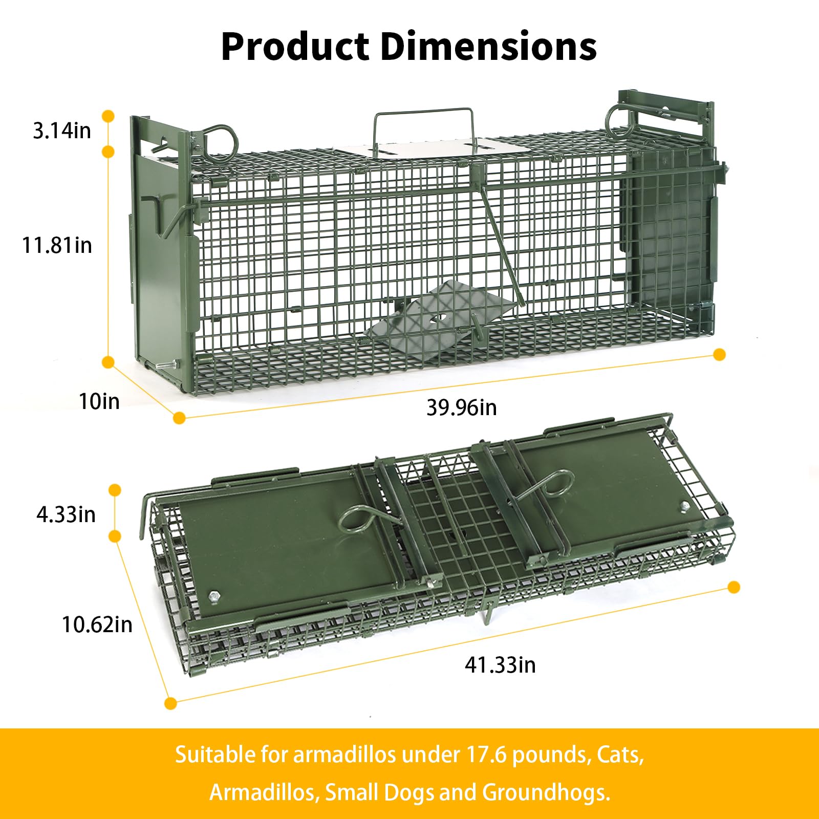 40" 2-Door Large Live Animal Traps for Stray Cats up to 17.6 pounds, Raccoons, Squirrel, Skunk, Mole, Groundhog, Armadillo, Rabbit, with Pedal Triggers