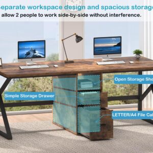 IBF 79" Two Person Office Desk,Large Double Long Pc Desk with File Drawer, 2 Person Computer Desk with Storage Cabinet Shelf, Industrial Wood Modern Work Dual Computer Table for Home, Rustic Brown