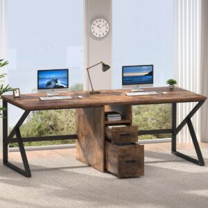 IBF 79" Two Person Office Desk,Large Double Long Pc Desk with File Drawer, 2 Person Computer Desk with Storage Cabinet Shelf, Industrial Wood Modern Work Dual Computer Table for Home, Rustic Brown