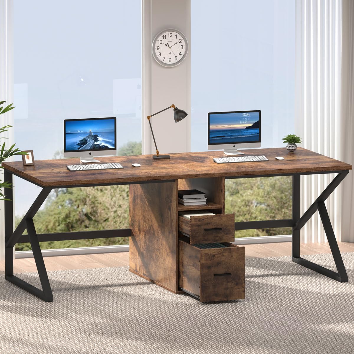 IBF 79" Two Person Office Desk,Large Double Long Pc Desk with File Drawer, 2 Person Computer Desk with Storage Cabinet Shelf, Industrial Wood Modern Work Dual Computer Table for Home, Rustic Brown