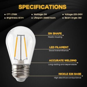 Seentech S14 LED String Light Bulbs E26 Medium Base 2W Shatterproof & Waterproof, 2700K Warm White Replacement Bulb Choice for Patio Garden String Lights & Home Decor 25 Pack