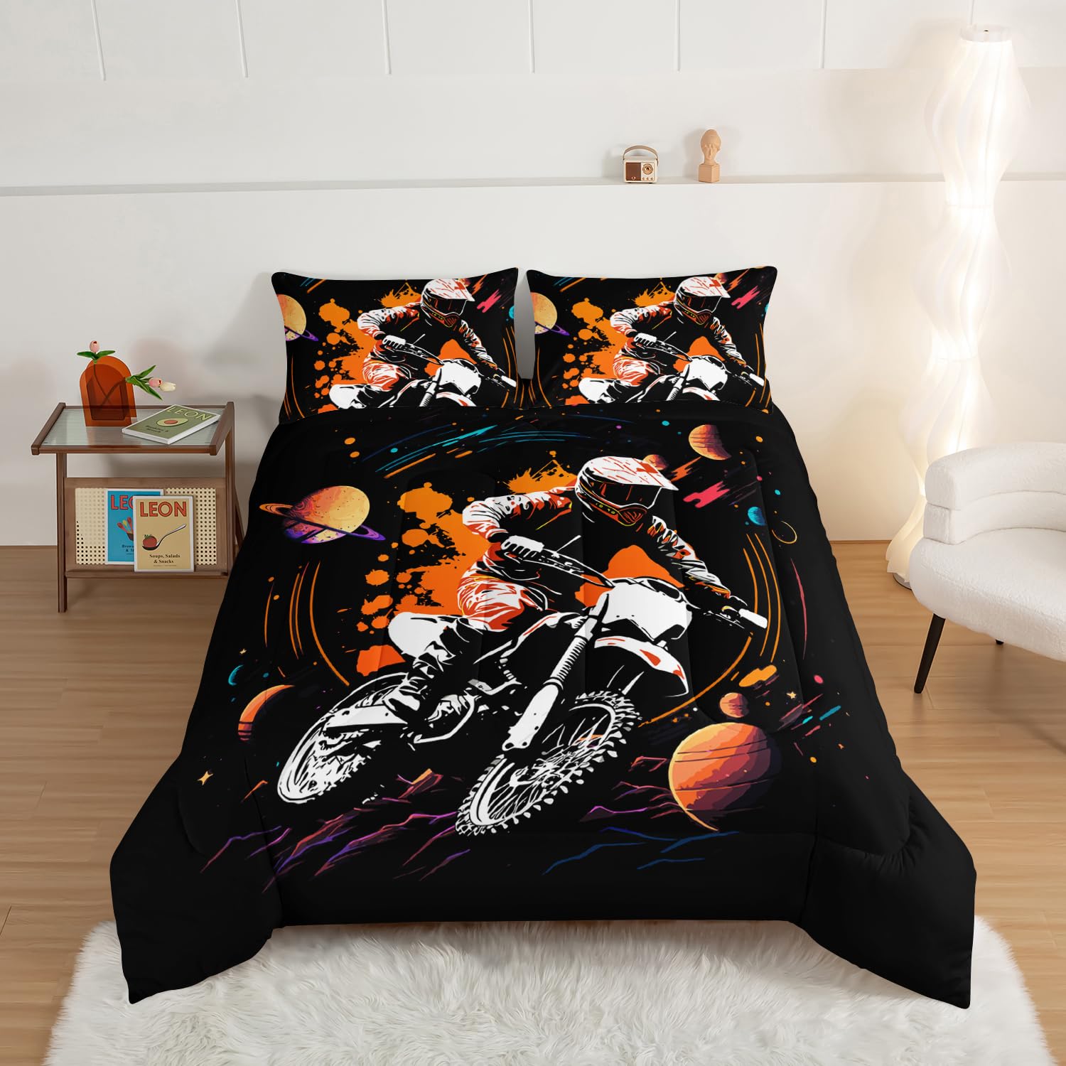 HOSIMA Dirt Bike Bedding Set Twin Size for Boys Teens,Galaxy and Orange Ink Background Motocross Comforter 3 Pieces,Extreme Sports Theme Black Comforter Set Twin with 2 Pillowcases.