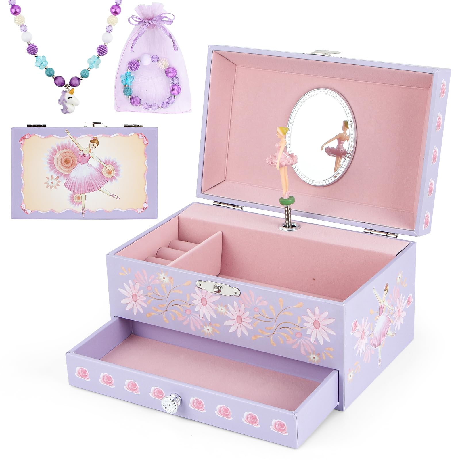 hombrima Music Jewellery Box with Drawer Necklace Bracelet, Musical Jewelry Storage Case with Spinning Ballerina Gift Set for Kids Girls Children Daughter (Pink Dancer)