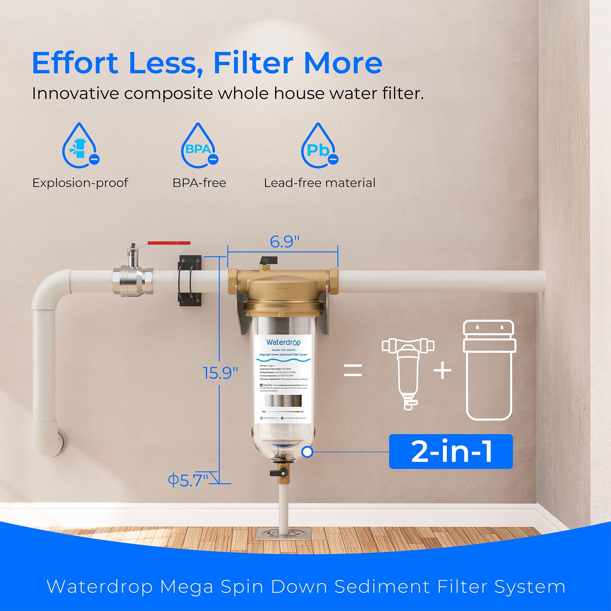 Waterdrop Mega Spin Down Sediment Filter, Reusable Whole House Water Filter System, Backwash Sediment Water Filter Double System 100 Micron+5 Micron PP Filter, BPA Free, 1" MNPT + 3/4" FNPT