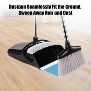 Broom and Dustpan Set with Long Handle, Windproof Stand Up Dustpan with Broom Combo for Home Kitchen Room Office Lobby Floor Use (Black&Grey, 45.3IN)