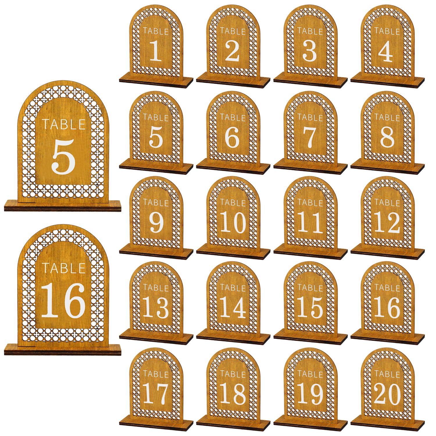 20pcs Wooden Table Numbers, Rattan Arch Table Numbers 1-20 Wedding Reception Table Numbers with Stands for Wedding Banquet Restaurant Party Decor