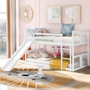 montessori floor bunk bed twin over twin, twin bunk bed with slide and ladder, kids bunk beds with guardrail headboard and footboard, low bunk beds for kids, boys, girls, twin bunk bed white