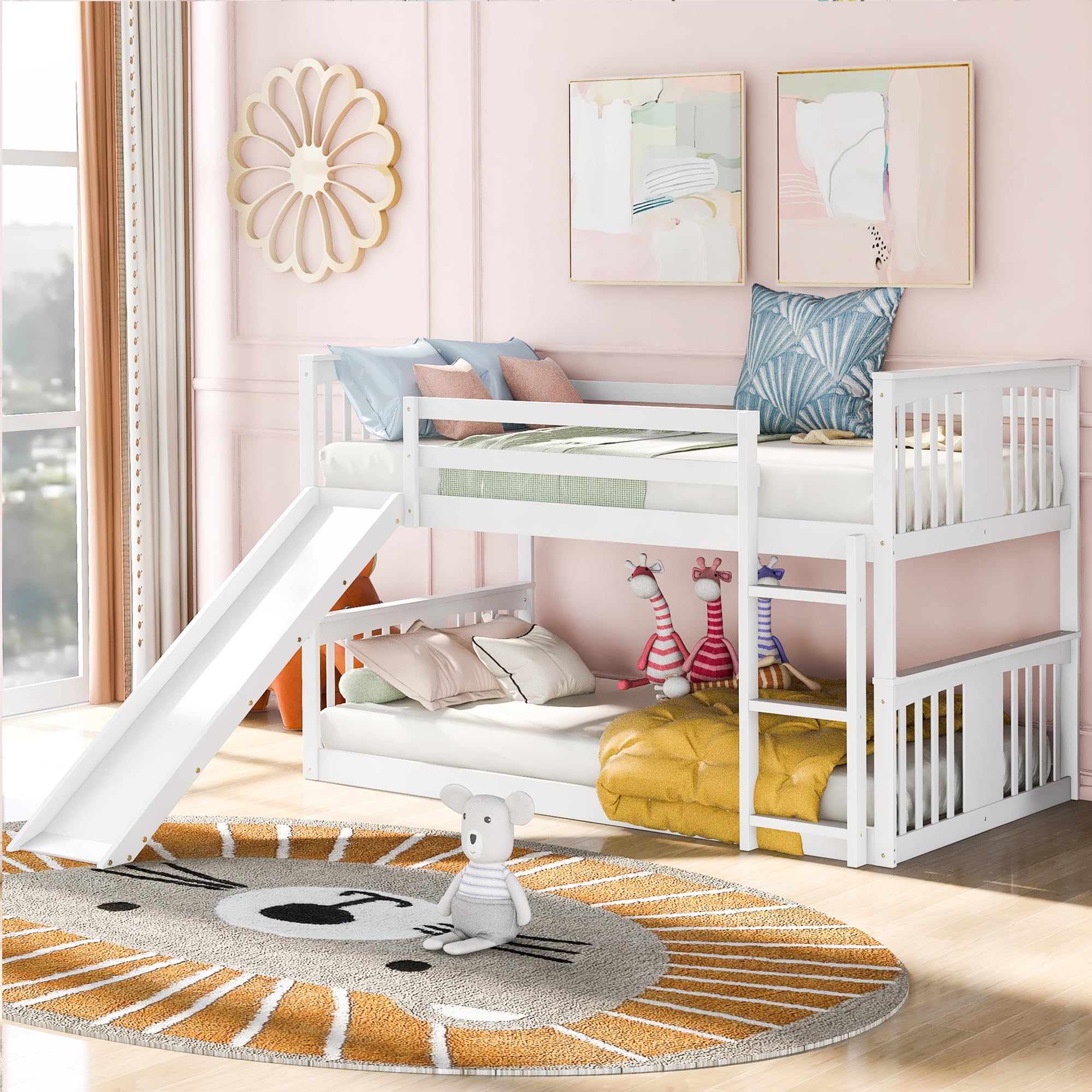 Montessori Floor Bunk Bed Twin Over Twin, Twin Bunk Bed with Slide and Ladder, Kids Bunk Beds with Guardrail Headboard and Footboard, Low Bunk Beds for Kids, Boys, Girls, Twin Bunk Bed White