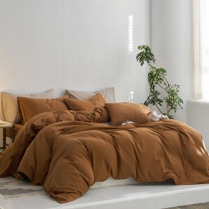 MooMee Bedding Duvet Cover Set 100% Washed Cotton Twill Thick Sturdy Material Super Soft Breathable Durable Casual Look Luxurious Feel (Dark Orange, Queen)