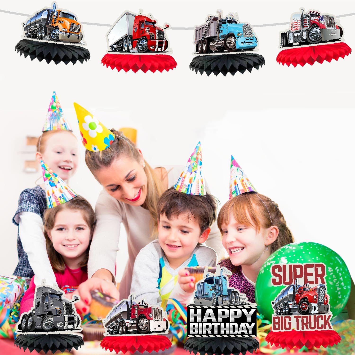 LIANGSS 8-Piece Heavy Duty Truck Theme Party Honeycomb Centerpieces for Kids-Semi Truck Theme Party, Baby Shower Party, Birthday Party, Traffic Party Honeycomb Tabletop Decorations for Boys and Girls