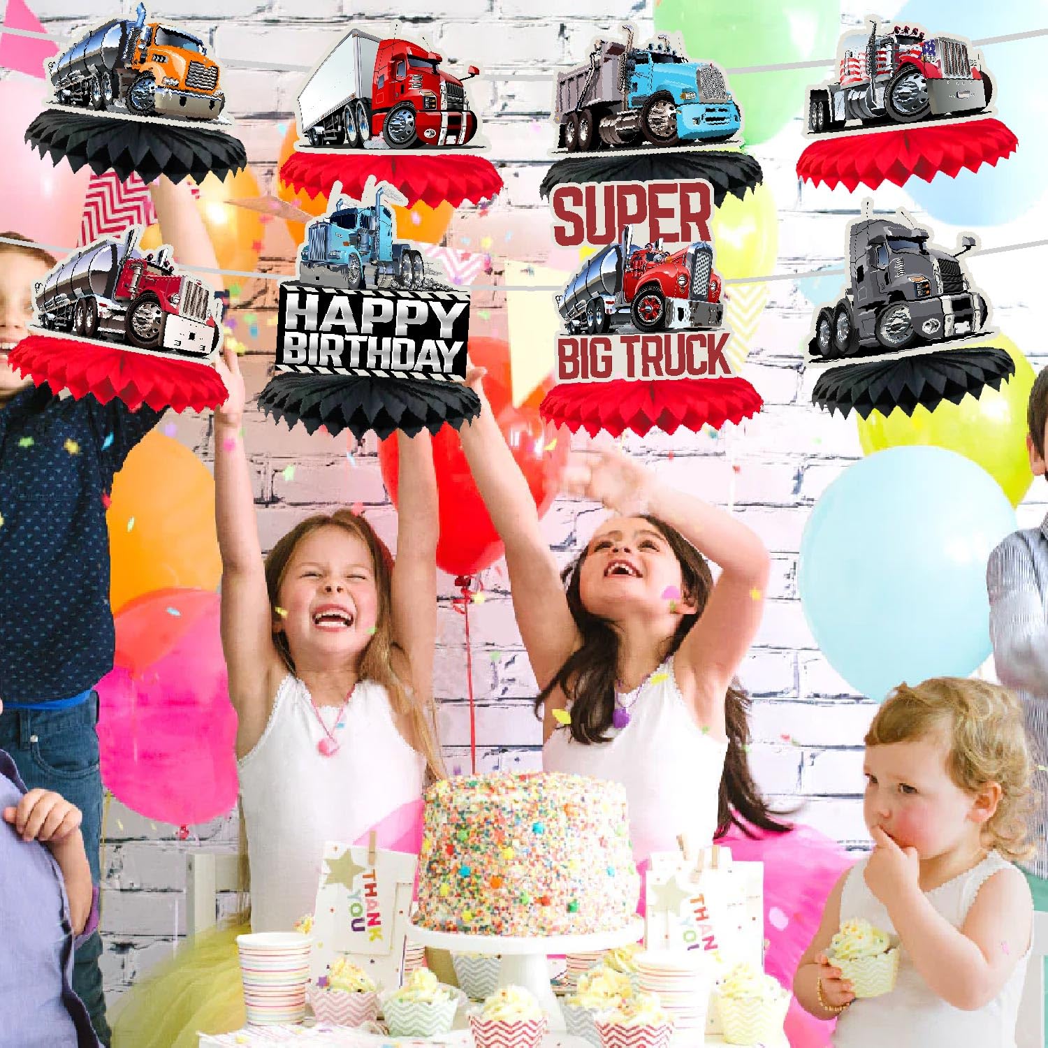 LIANGSS 8-Piece Heavy Duty Truck Theme Party Honeycomb Centerpieces for Kids-Semi Truck Theme Party, Baby Shower Party, Birthday Party, Traffic Party Honeycomb Tabletop Decorations for Boys and Girls