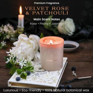 Luxury Crystal Candle for Women - Velvet Rose & Patchouli Scented Aromatherapy Candle - Manifestation Candle with Strawberry and Clear Quartz Crystals -7.4oz Natural Coconut, Soy Wax Wood Wick Candles