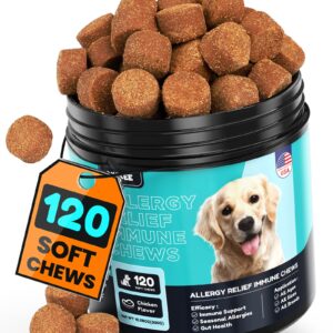 OMIKEE Dog Allergy Chews for Seasonal Allergies, Dog Allergy Relief with Omega 3, Probiotics & Natural Ingredients, Itch Relief for Dogs Allergy, Itching, Paw Biting, Skin Health 120 Ct Chicken Flavor