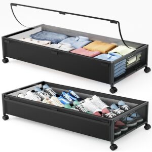 under bed storage containers with wheels 2 pack underbed shoe storage bedroom storage bins organizer large capacity under bed storage with lid for clothes shoes toys blankets (black)