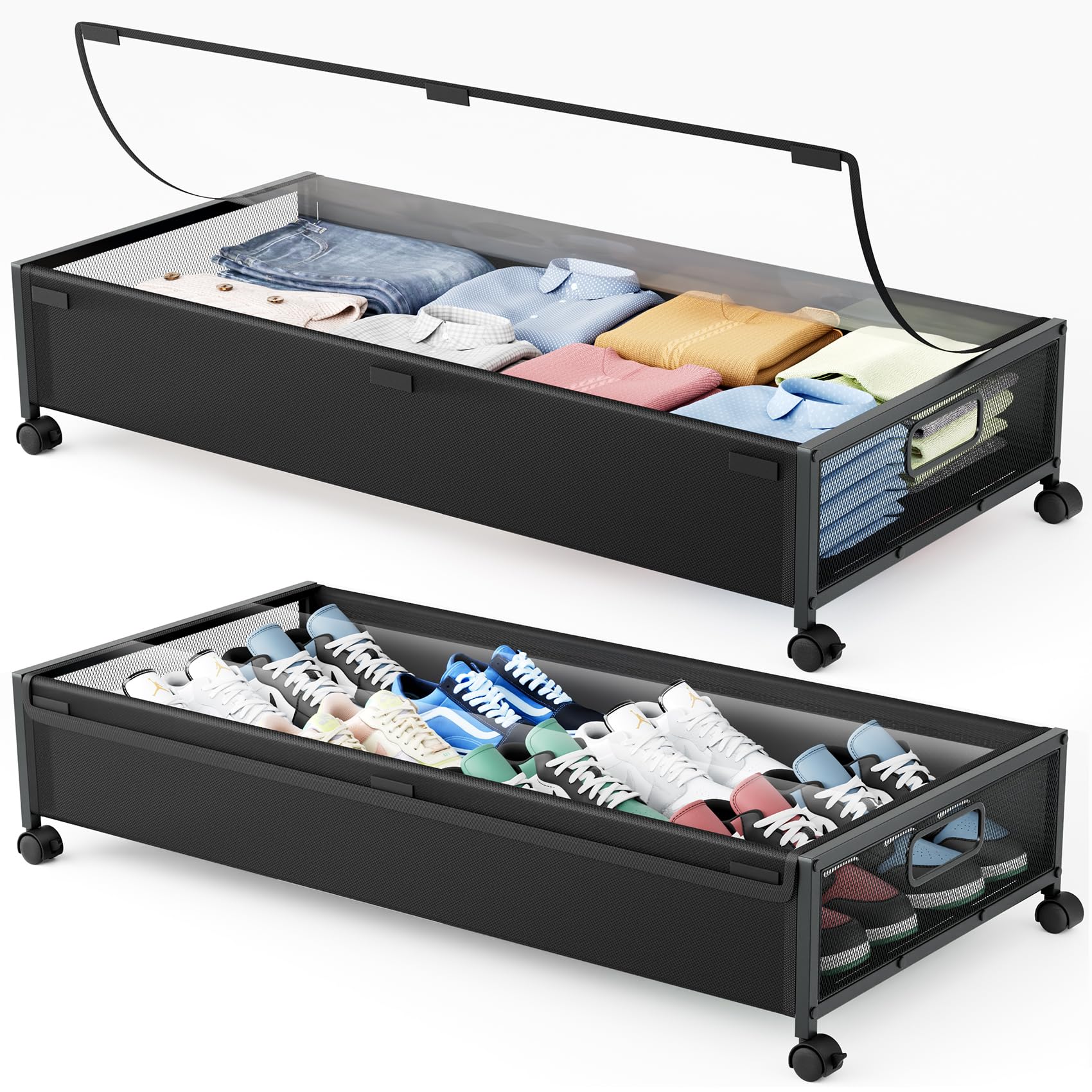 Under Bed Storage Containers with Wheels 2 Pack Underbed Shoe Storage Bedroom Storage Bins Organizer Large Capacity Under Bed Storage with Lid for Clothes Shoes Toys Blankets (Black)