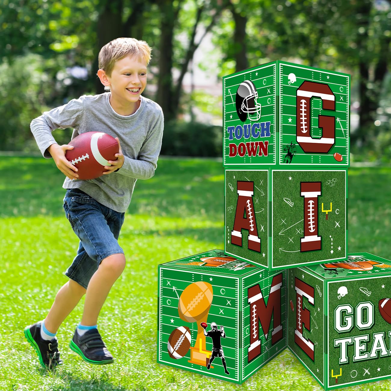 Football Party Decorations 4PCS Football Balloon Boxes with GAME and TIME Letters for Football Birthday Party Football Gameday Tailgate Party Supplies