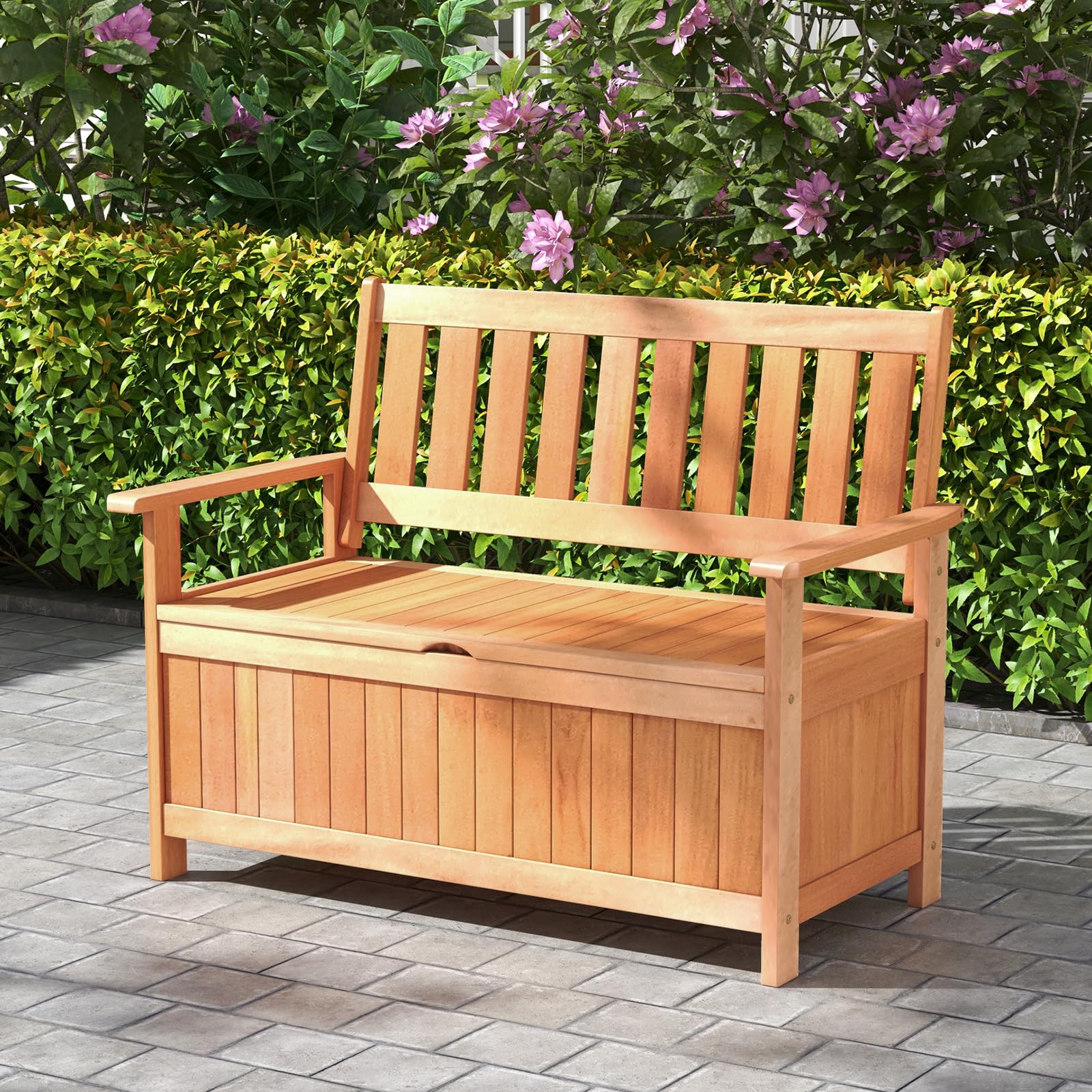 Tangkula 48 Inch Patio Storage Bench, Wood Storage Loveseat with 34.2 Gal Inner Space, Entryway Large Deck Box w/Slatted Backrest, Wooden Storage Seat for Backyard, Garden