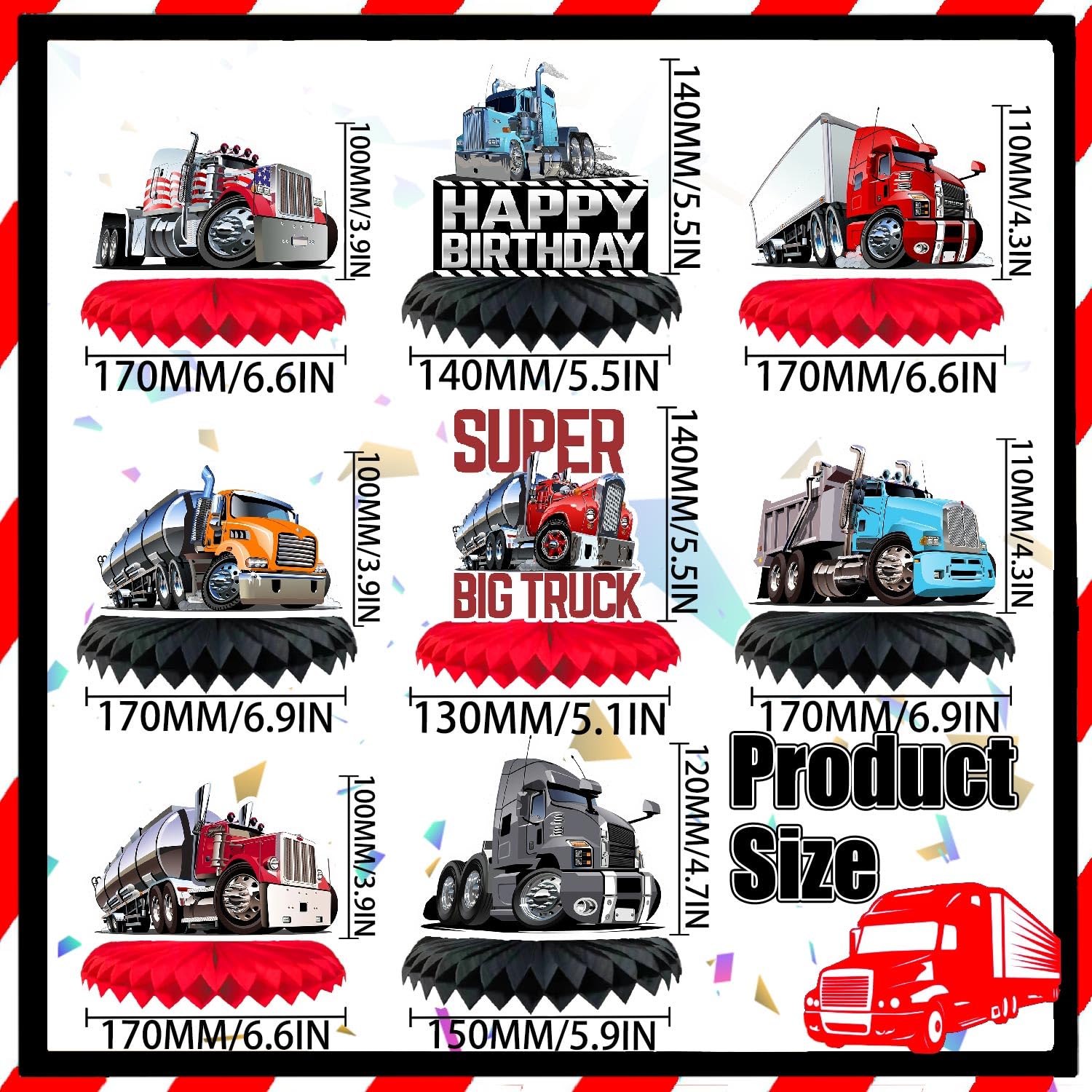 LIANGSS 8-Piece Heavy Duty Truck Theme Party Honeycomb Centerpieces for Kids-Semi Truck Theme Party, Baby Shower Party, Birthday Party, Traffic Party Honeycomb Tabletop Decorations for Boys and Girls