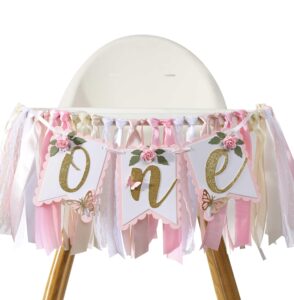 pink and gold high chair banner- floral and butterfly one highchair banner, 1st birthday party decoration for girls, pink 1st birthday decor