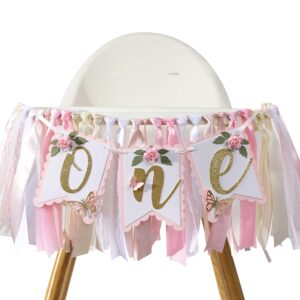 Pink and Gold High Chair Banner- Floral and Butterfly One Highchair Banner, 1st Birthday Party Decoration for Girls, Pink 1st Birthday Decor