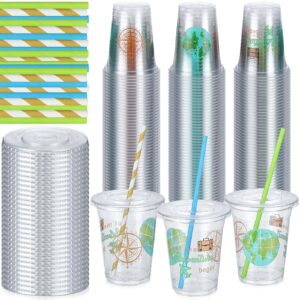 sliner 60 pcs adventure awaits party cups 12 oz voyage party tableware plastic cups with lids and paper straws for world travel themed birthday graduation baby shower party supplies 60 guests