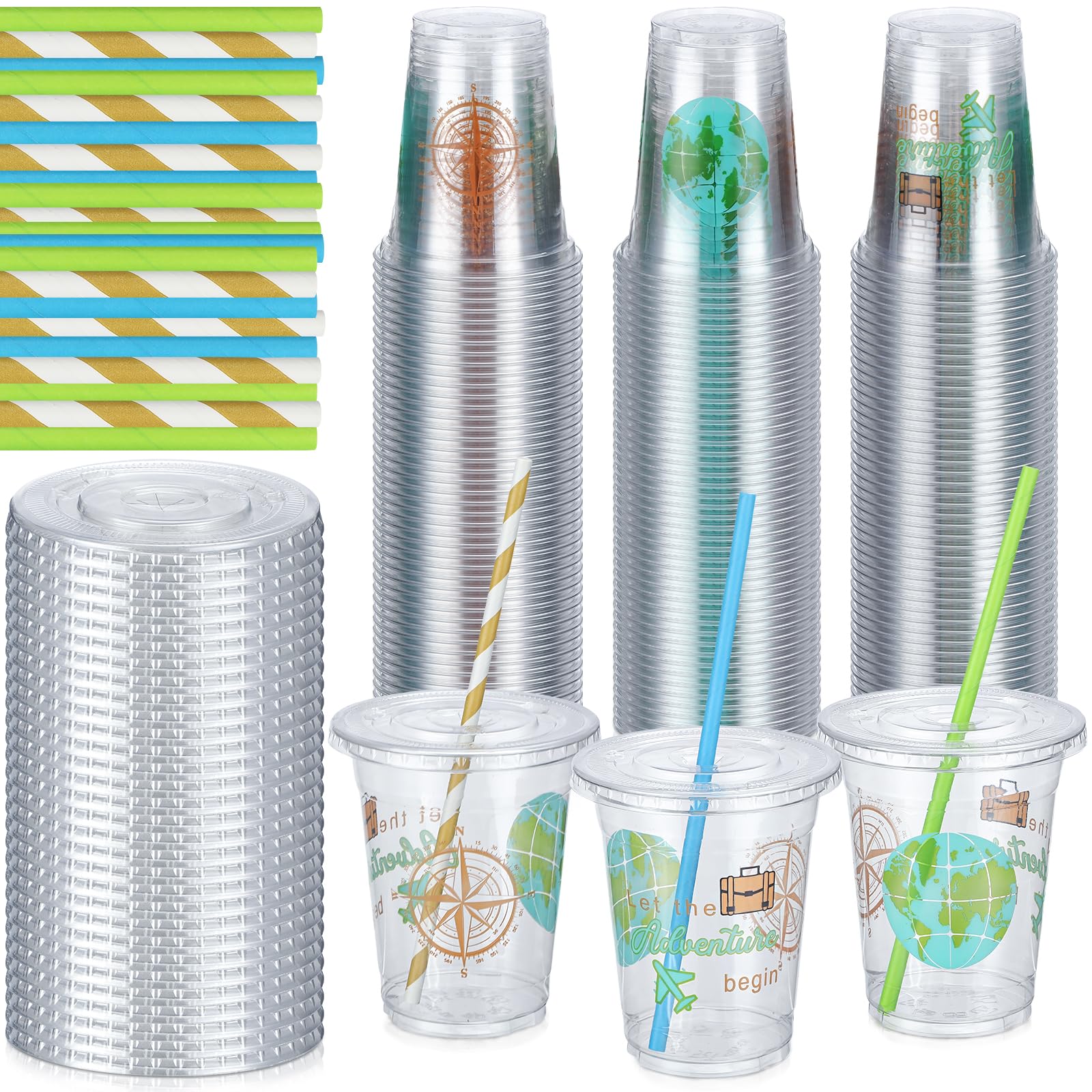 Sliner 60 Pcs Adventure Awaits Party Cups 12 oz Voyage Party Tableware Plastic Cups with Lids and Paper Straws for World Travel Themed Birthday Graduation Baby Shower Party Supplies 60 Guests