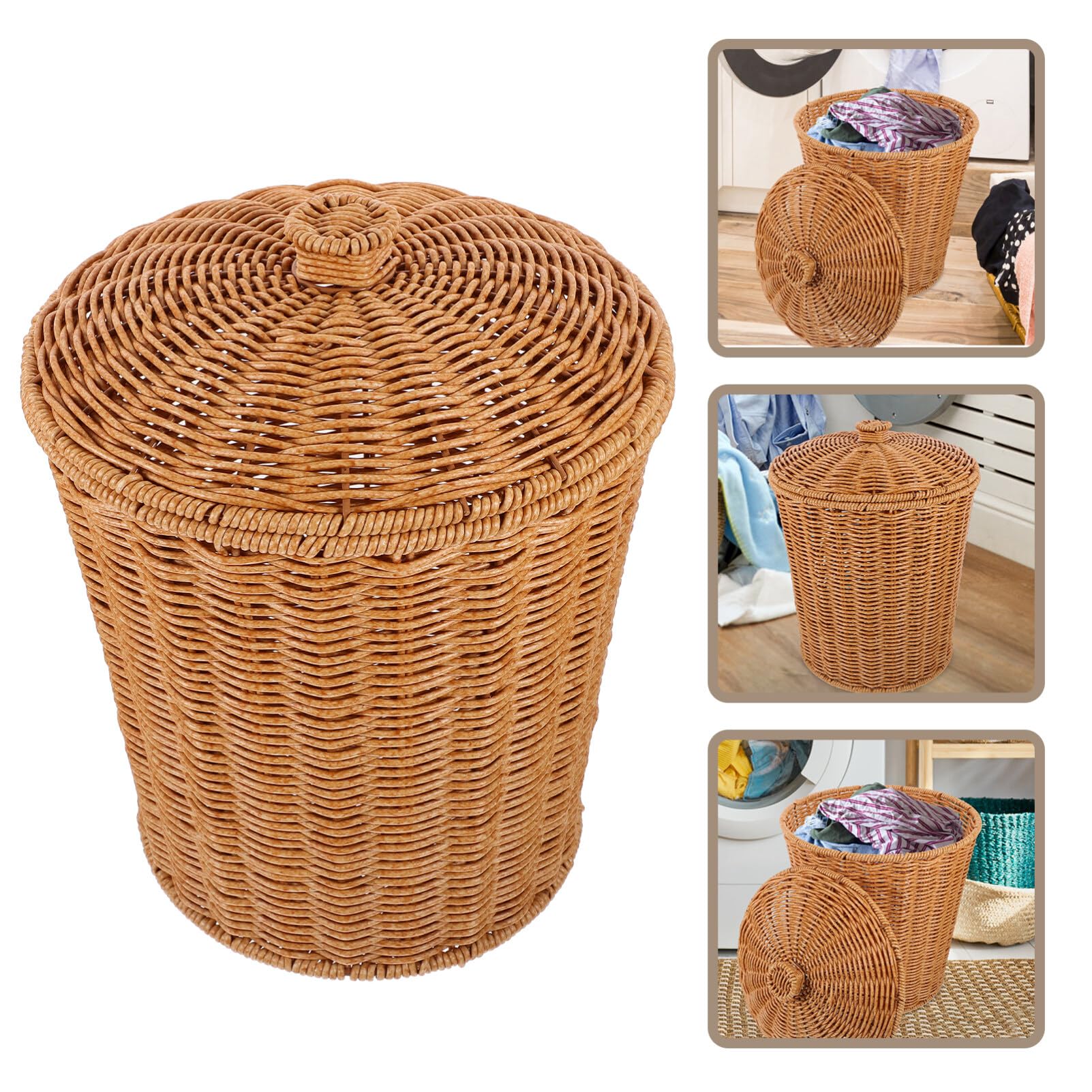 ABOOFAN Wicker Trash Can with Lid Bedroom Bathroom Trash Can Boho Woven Wicker Waste Basket Office Garbage Cans Rattan Storage Basket for Under Desk Dirty Clothes Container Flower Arrangement