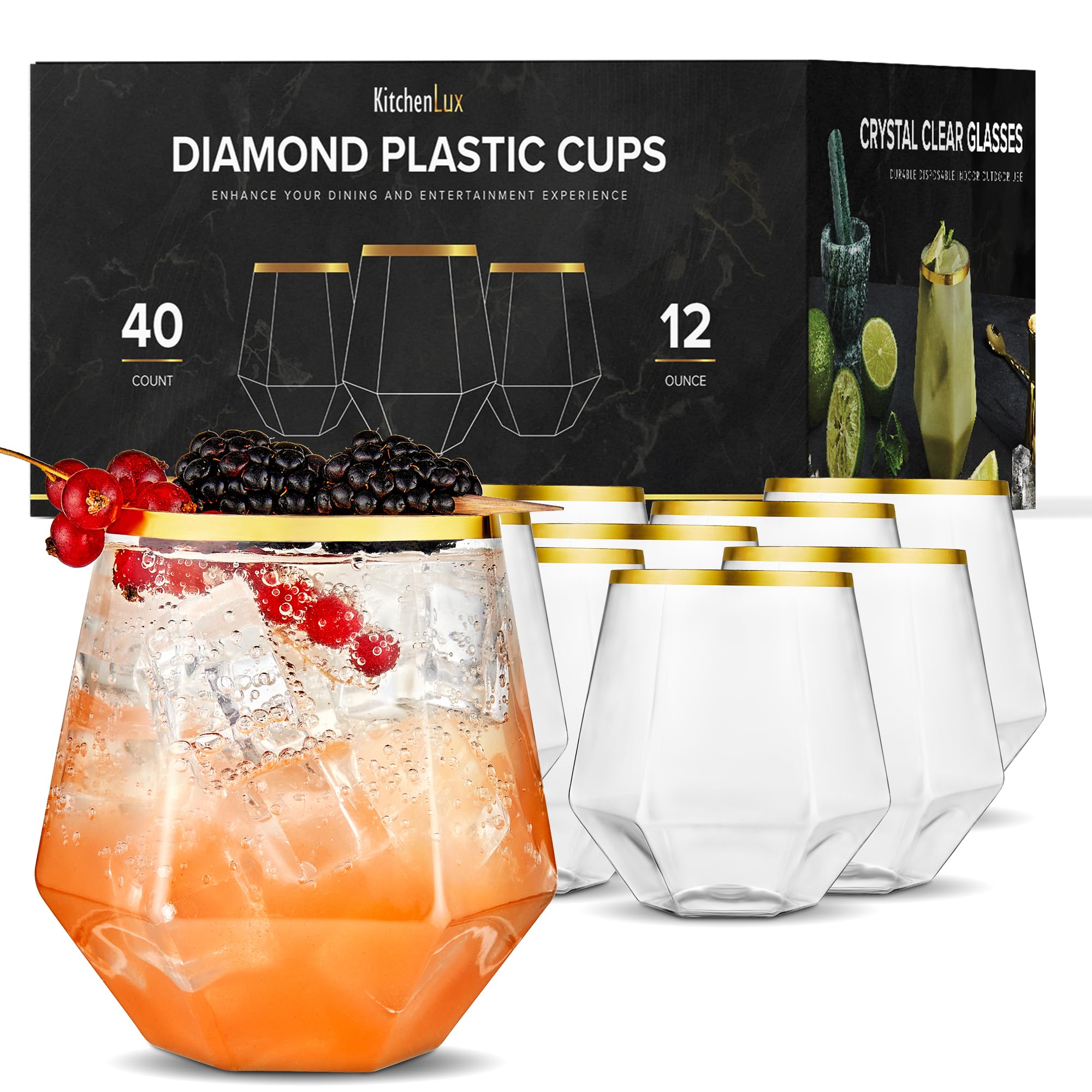 40 Pack Diamond Wine Glasses 12 oz - Elegant & Unbreakable Plastic Cocktail Glasses for Indoor and Outdoor Fancy Occasions - Premium Plastic Stemless Disposable Wine Glasses with Diamond Shape