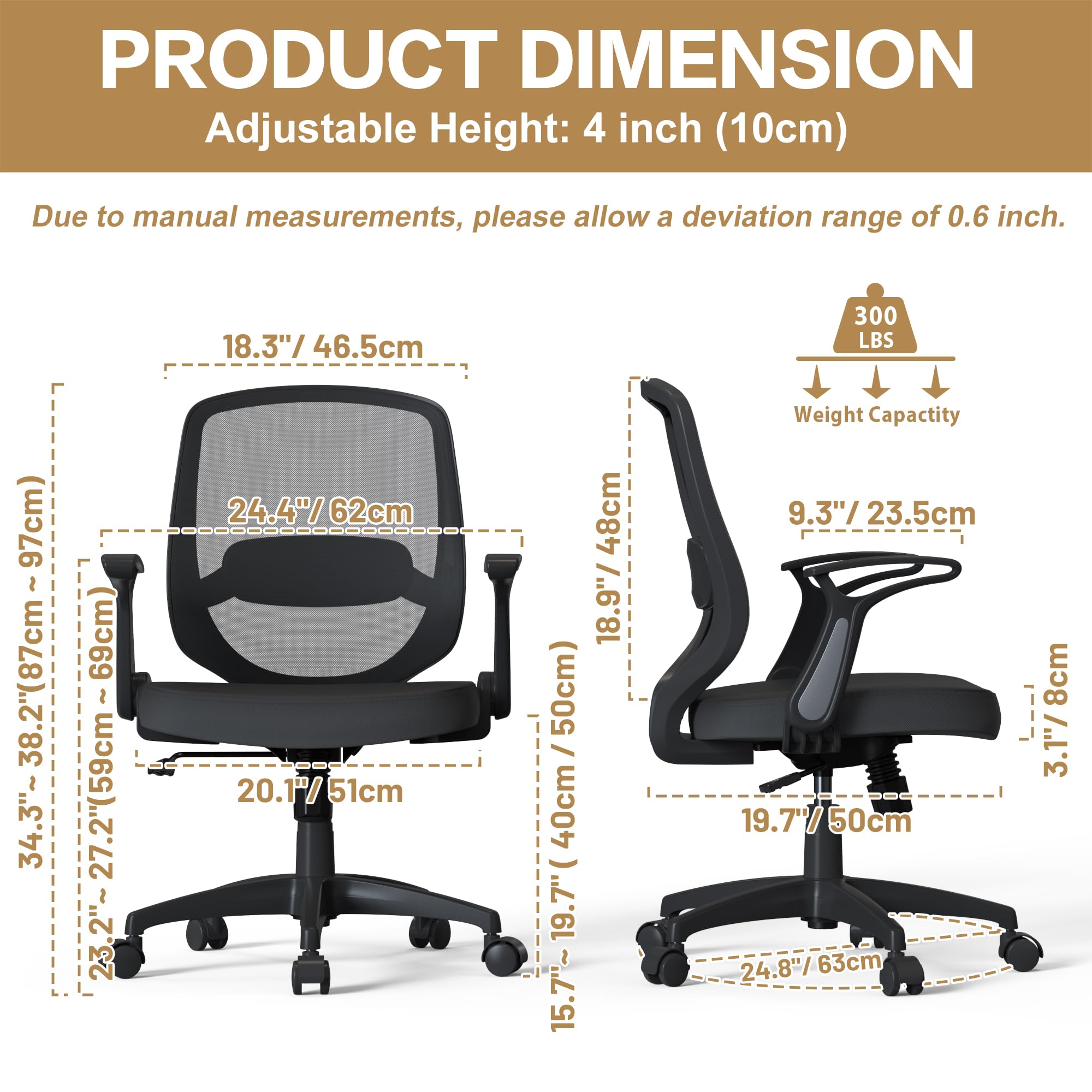 Qoroos Mesh Swivel Desk Office Chair Black Ergonomic Computer Task Chair with Adjustable Lumbar Support and Height, Flip Up Arms