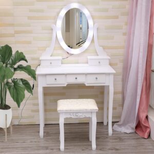 JoanKaren Vanity Desk, Vanity Mirror with Lights and Table Set with 5 Drawers, Wood Makeup Dressing Table with Oval Mirror & Stool,3 Lighting Modes Brightness Adjustable for Bedroom Women Girls,White